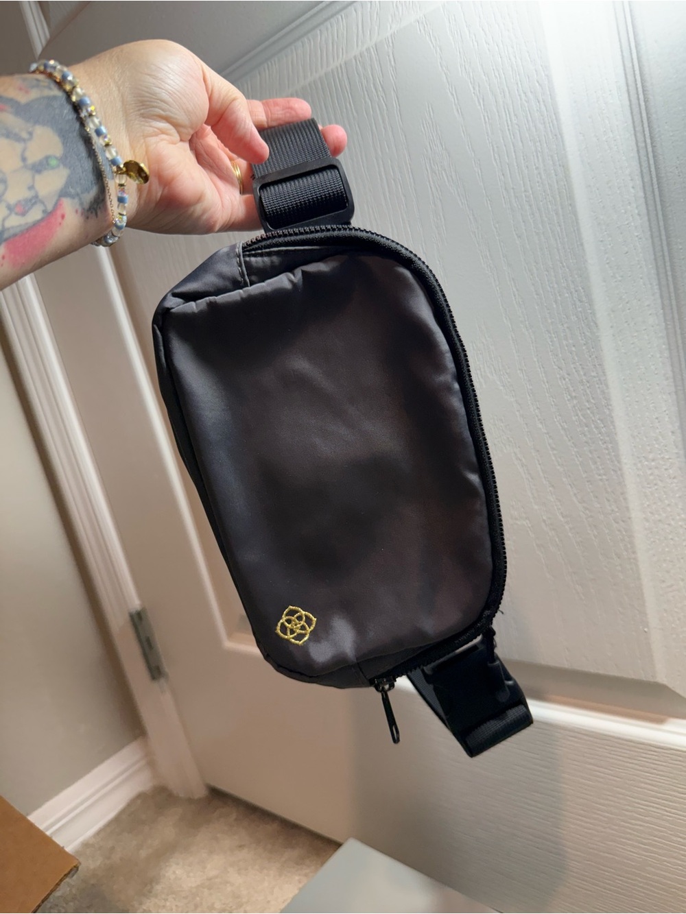 Kendra Scott Gray Sling Belt Bag with Gold Logo Accent